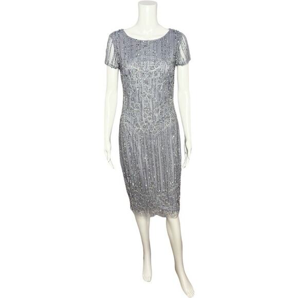 ADRIANNA PAPELL Womens Sequin Beaded Mesh Silver/Gray Cap Sleeves Dress Size 4